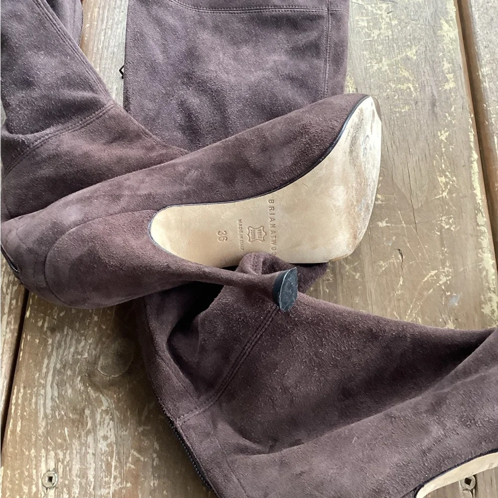 Brian Atwood Thigh High Taupe Brown Suede Sock Heeled Designer Boots Size 36